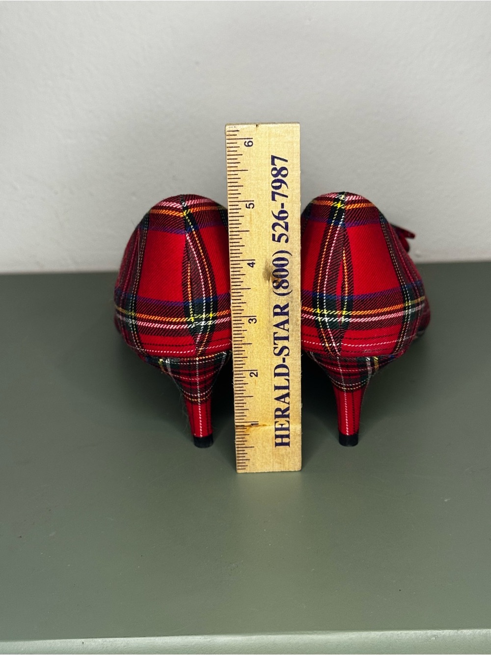 J.Crew Red Plaid Pointed-Toe Kitten Heel Pumps with Bow - Picture 4 of 5